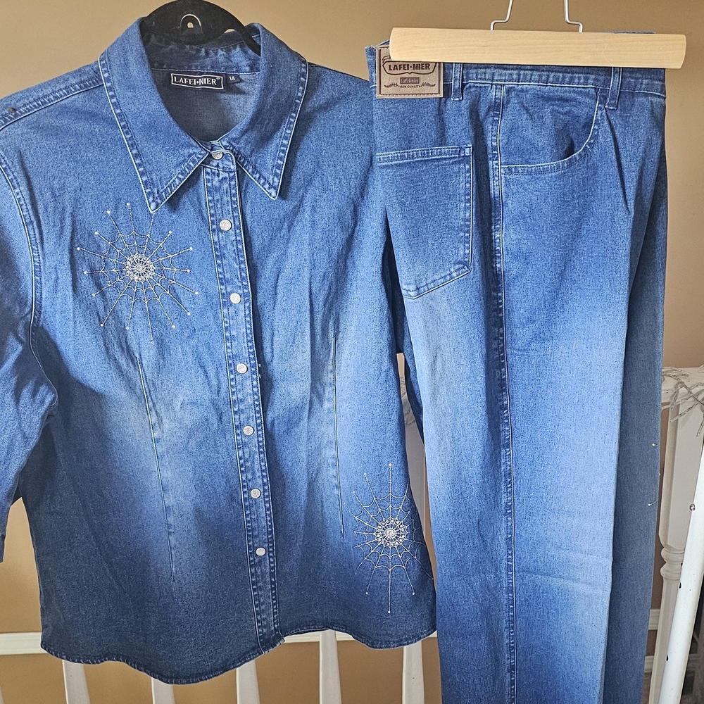 Lafei Nier Denim Jacket And Matching Bottoms With Swarvoski Crystals